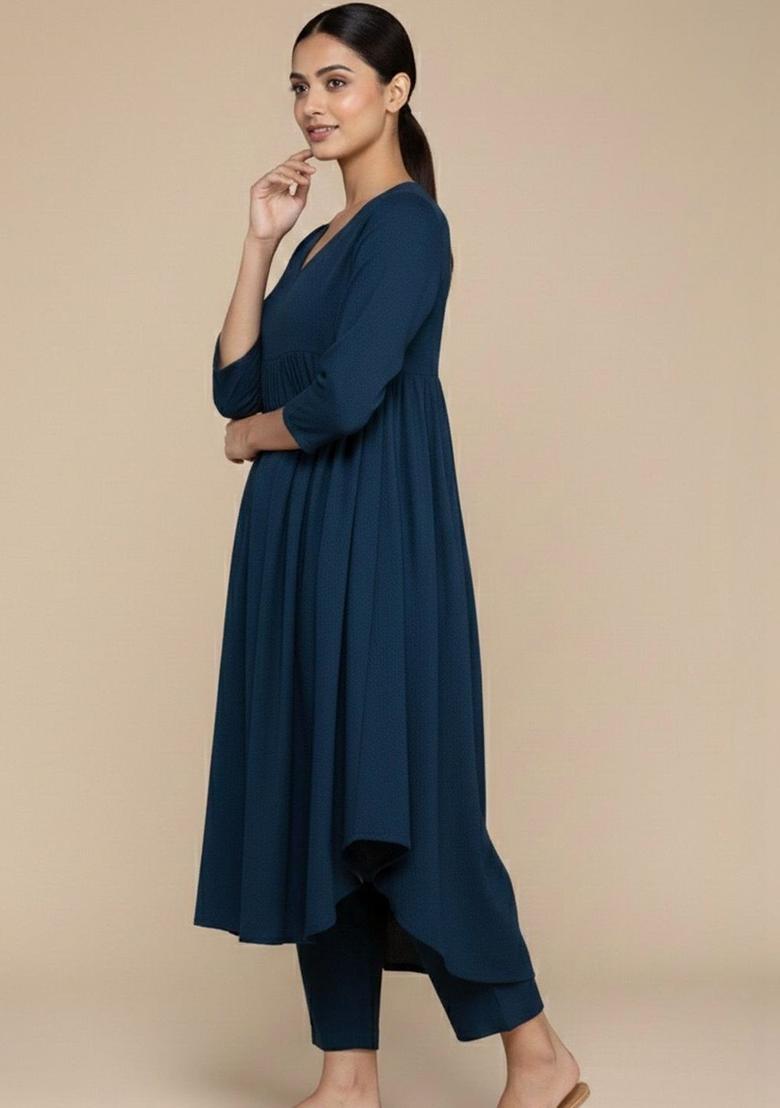 Navy Blue Solid Silk Kurta Set - Indya