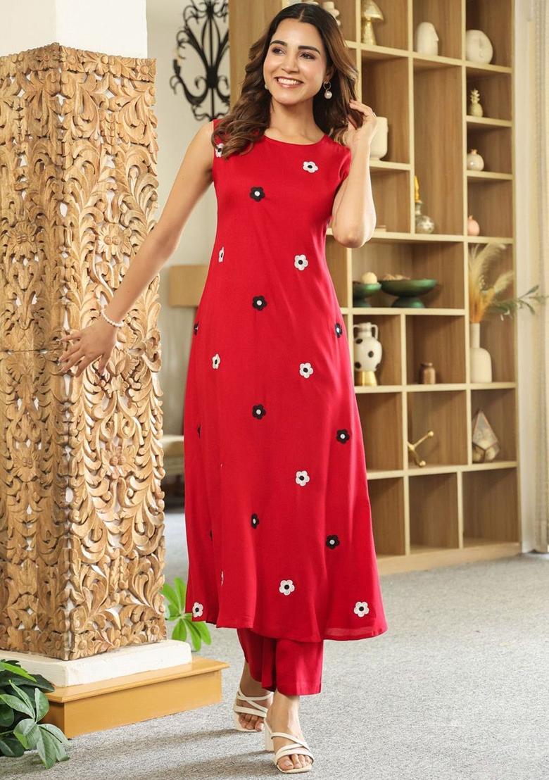 Maroon Embroidered Viscose Anarkali Set - Indya