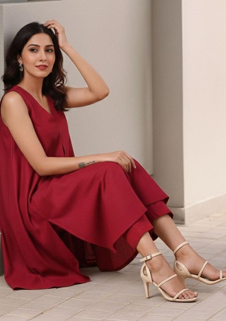 Maroon Solid Viscose Kurta Set - Indya