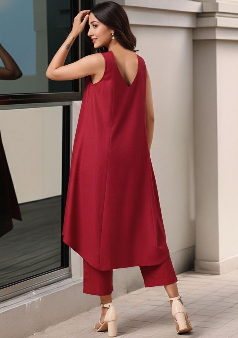 Maroon Solid Viscose Kurta Set - Indya