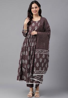 Coffee Brown Printed Cotton Kurta Set