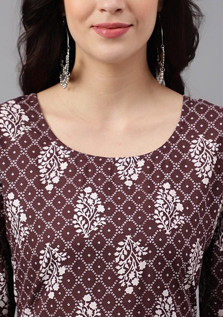 Coffee Brown Printed Cotton Kurta Set - Indya