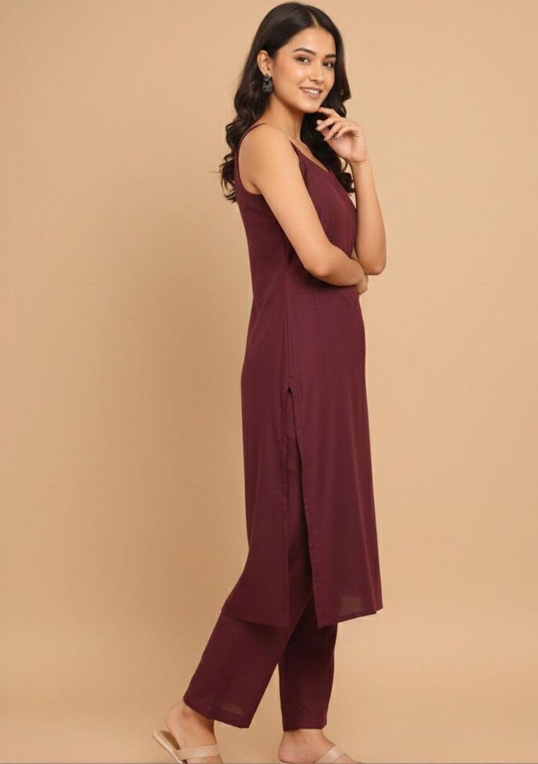 Maroon Solid Cotton Kurta Set - Indya