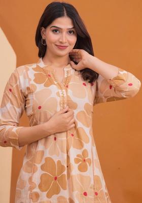 Beige Printed Cotton Kurta Set