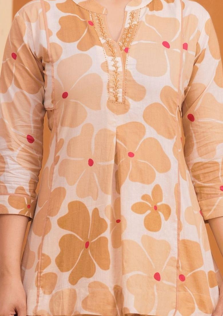 Beige Printed Cotton Kurta Set - Indya