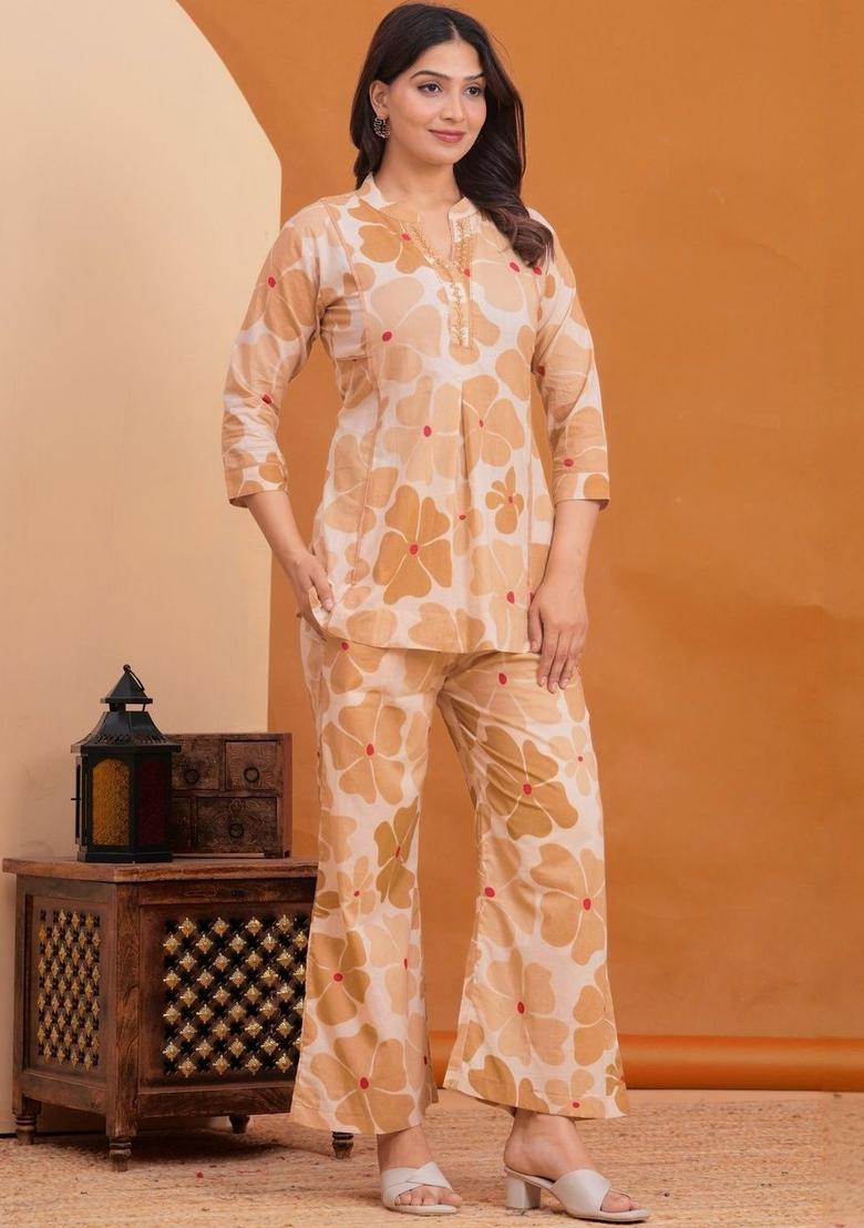 Beige Printed Cotton Kurta Set - Indya