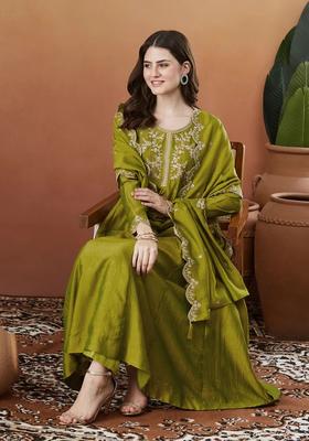 Lime Green Embroidered Silk Kurta Set