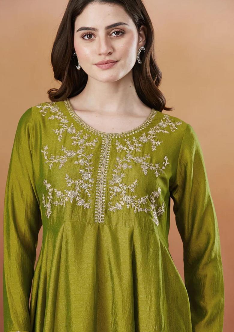 Lime Green Embroidered Silk Kurta Set - Indya