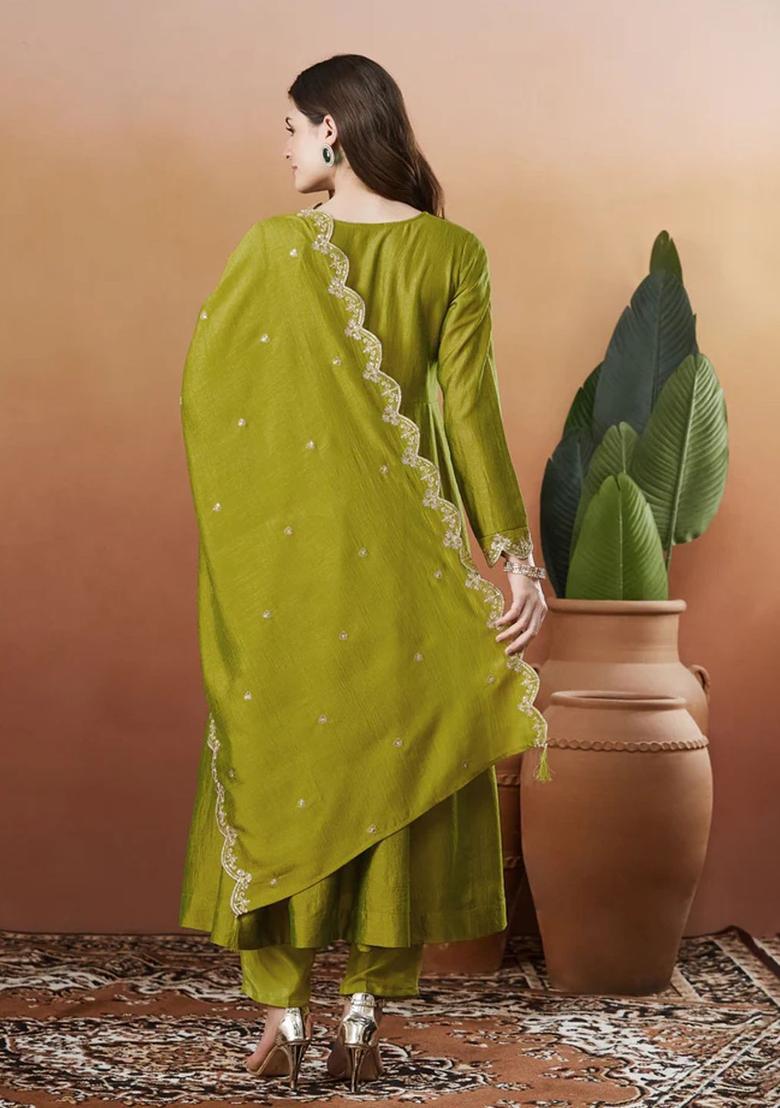 Lime Green Embroidered Silk Kurta Set - Indya