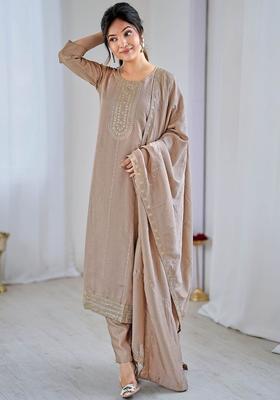 Beige Embroidered Silk Kurta Set