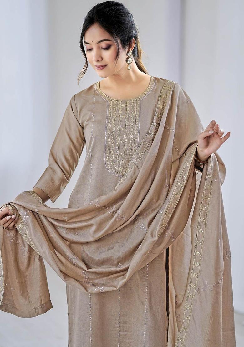Beige Embroidered Silk Kurta Set - Indya