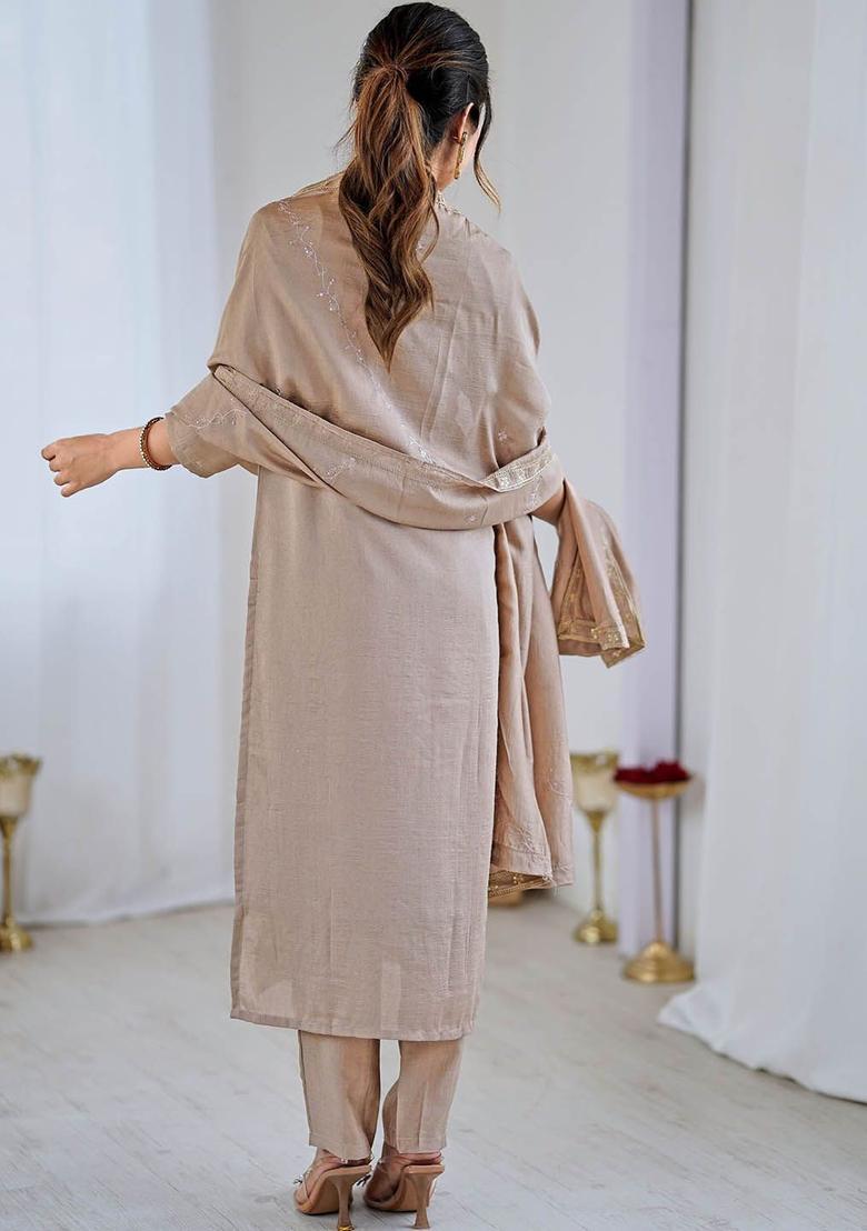 Beige Embroidered Silk Kurta Set - Indya
