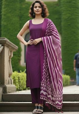 Purple Solid Cotton Kurta Set