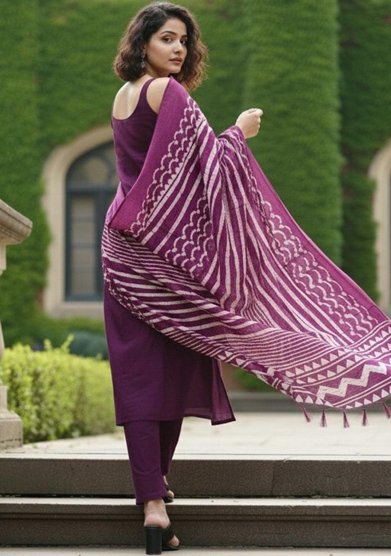 Purple Solid Cotton Kurta Set - Indya