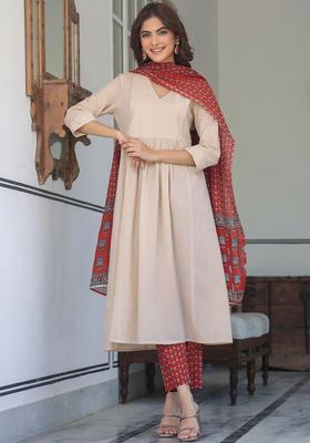 Cream Solid Cotton Kurta Set