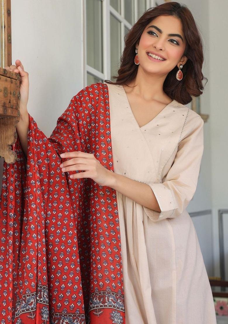 Cream Solid Cotton Kurta Set - Indya