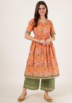 Orange Printed Cotton Anarkali Set