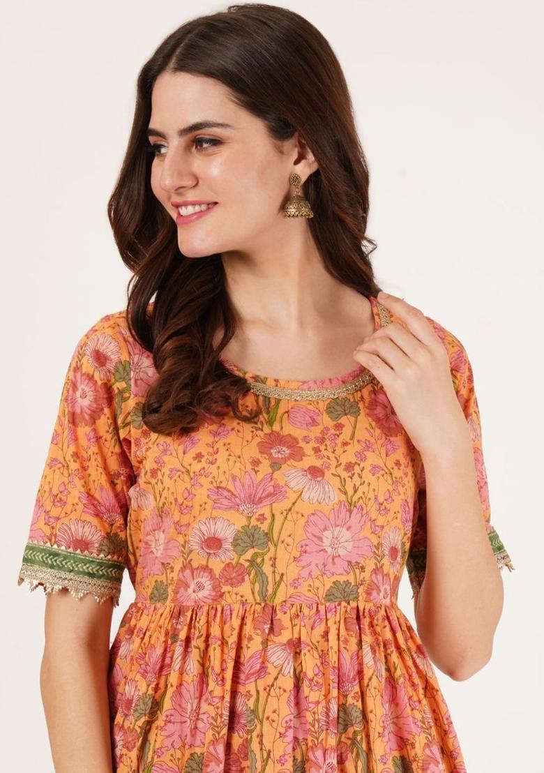 Orange Printed Cotton Anarkali Set - Indya