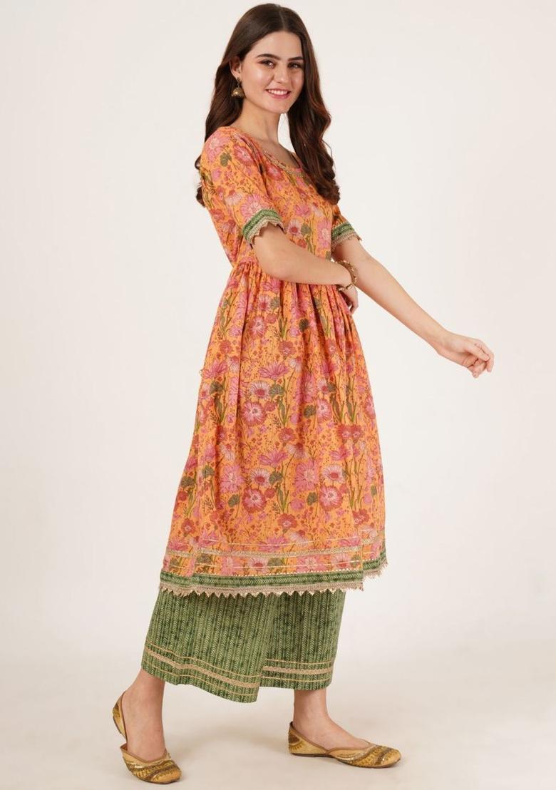 Orange Printed Cotton Anarkali Set - Indya