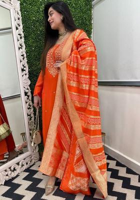 Orange Embroidered Silk Kurta Set