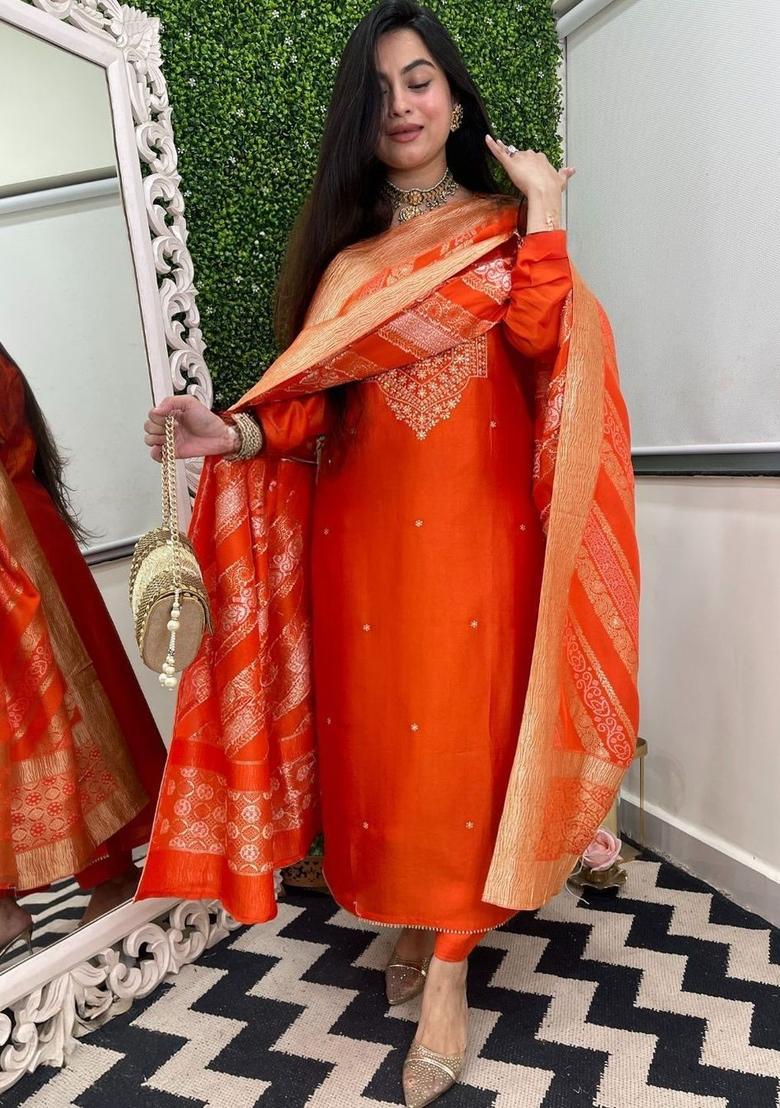 Orange Embroidered Silk Kurta Set - Indya