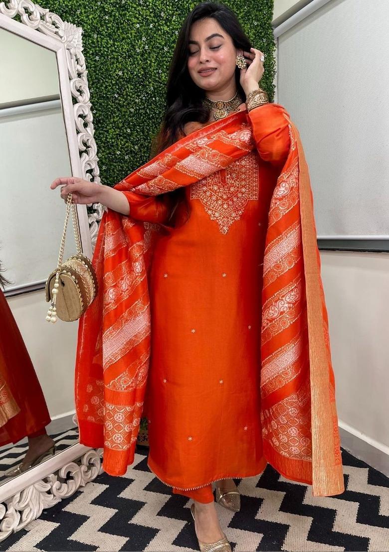 Orange Embroidered Silk Kurta Set - Indya