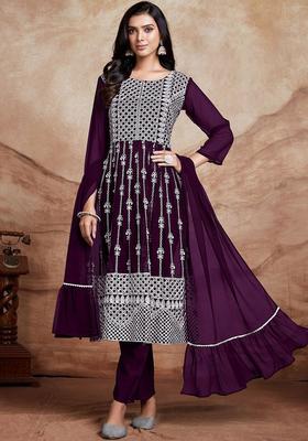 Purple Embroidered Georgette Kurta Set
