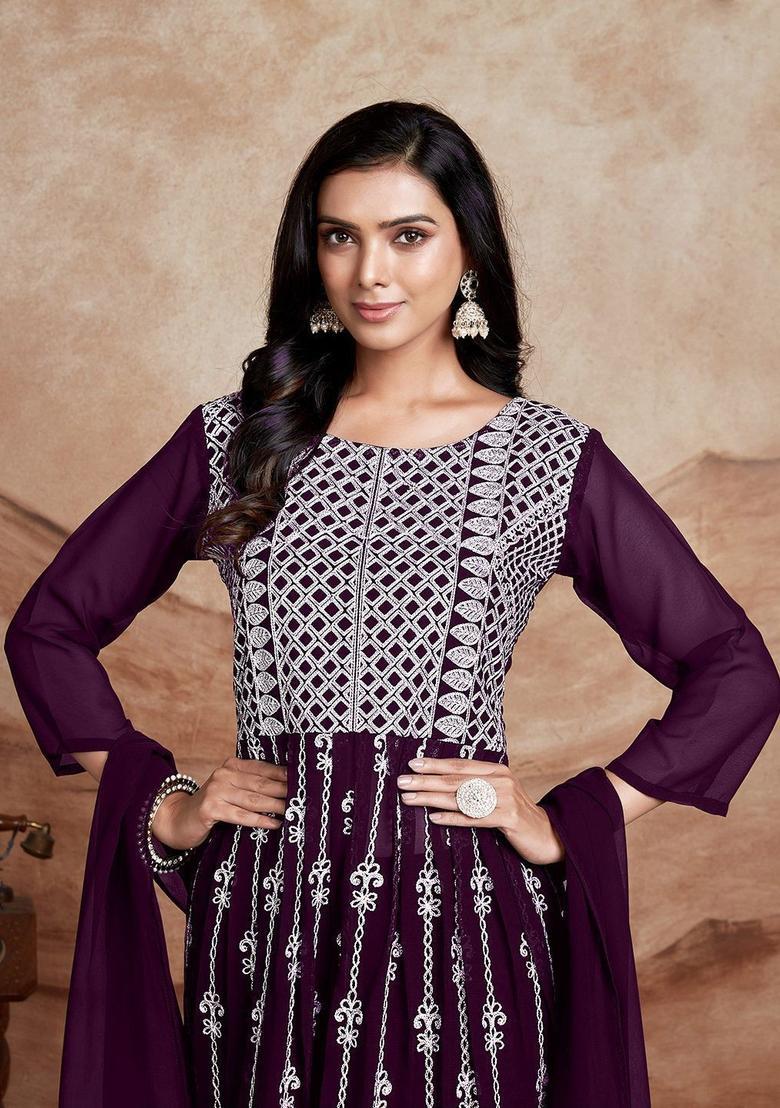 Purple Embroidered Georgette Kurta Set - Indya