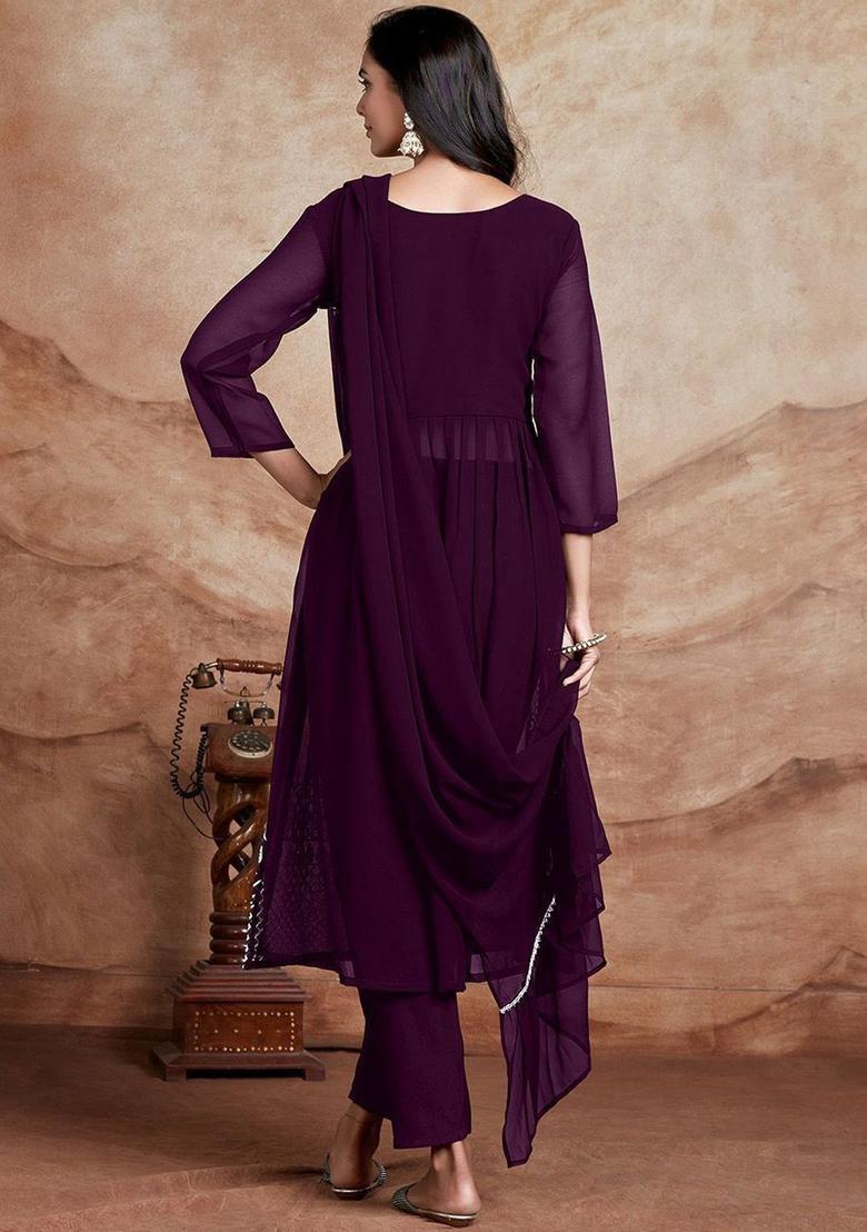 Purple Embroidered Georgette Kurta Set - Indya