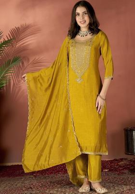 Yellow Yoke Design Silk Kurta Set