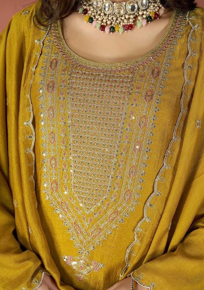 Yellow Yoke Design Silk Kurta Set - Indya