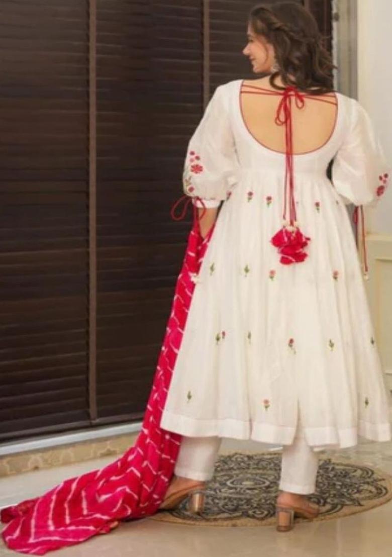 White Embroidered Silk Kurta Set - Indya