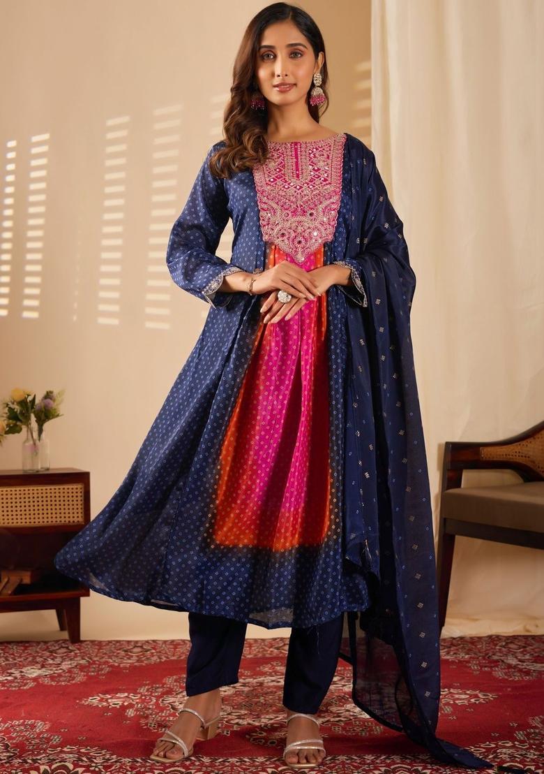 Navy Blue Printed Chinon Kurta Set - Indya