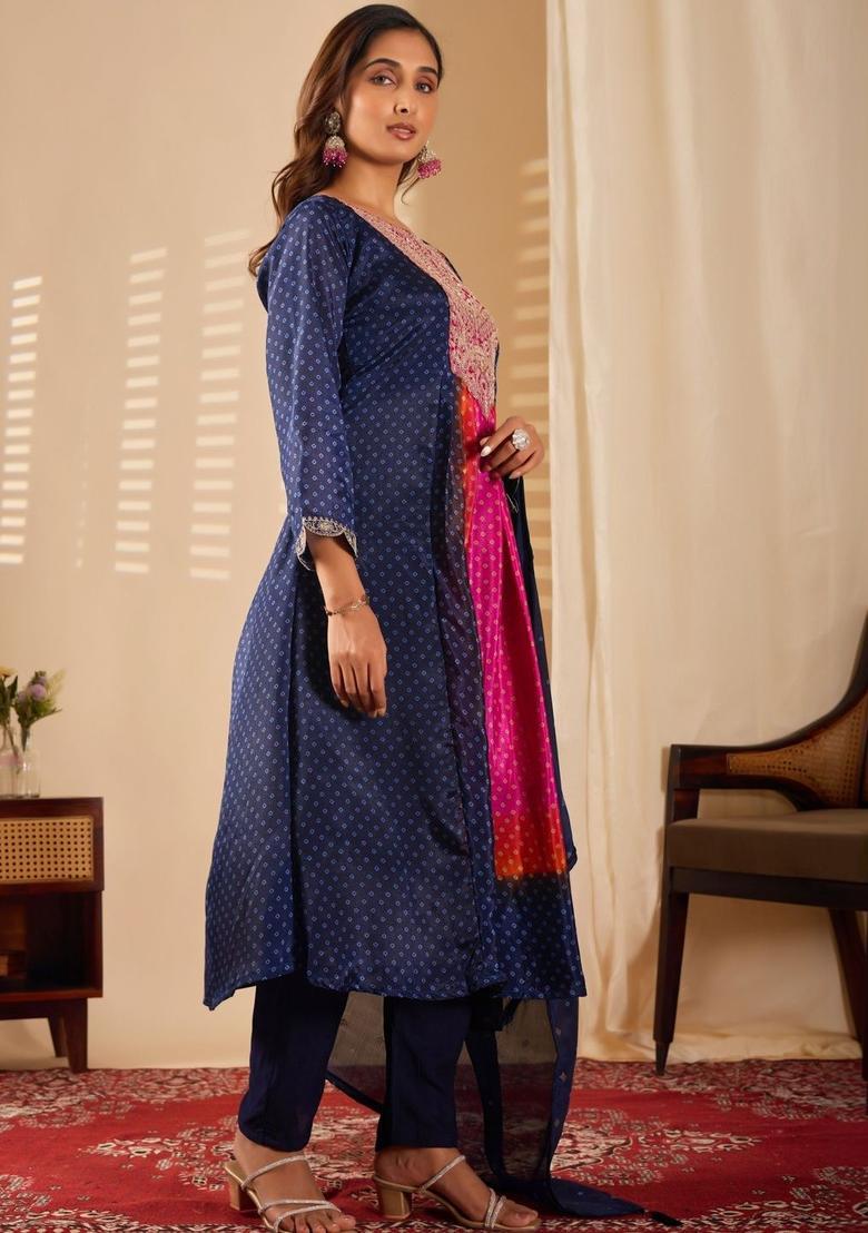 Navy Blue Printed Chinon Kurta Set - Indya