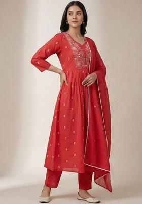 Red Embroidered Cotton Kurta Set