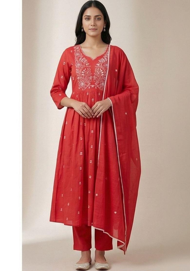 Red Embroidered Cotton Kurta Set - Indya