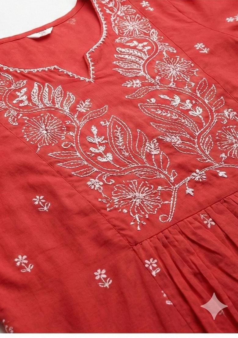 Red Embroidered Cotton Kurta Set - Indya