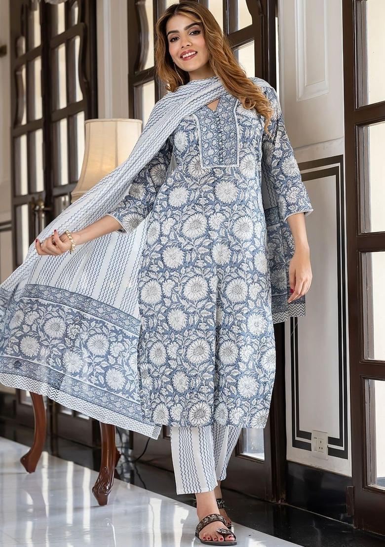 Green Printed Cotton Anarkali Set - Indya