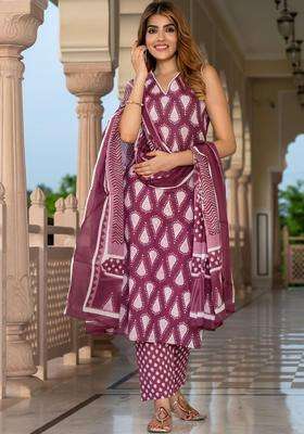 Burgundy Printed Cotton Kurta Set