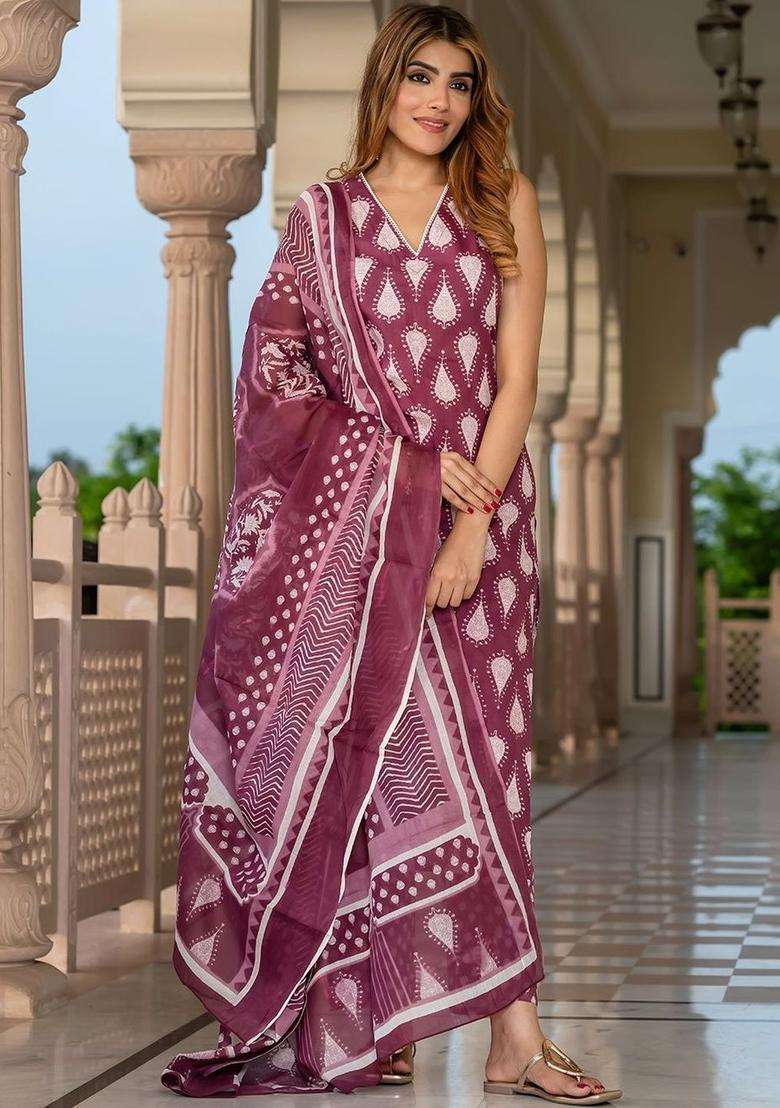 Burgundy Printed Cotton Kurta Set - Indya