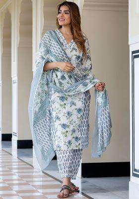 Grey Embroidered Cotton Kurta Set