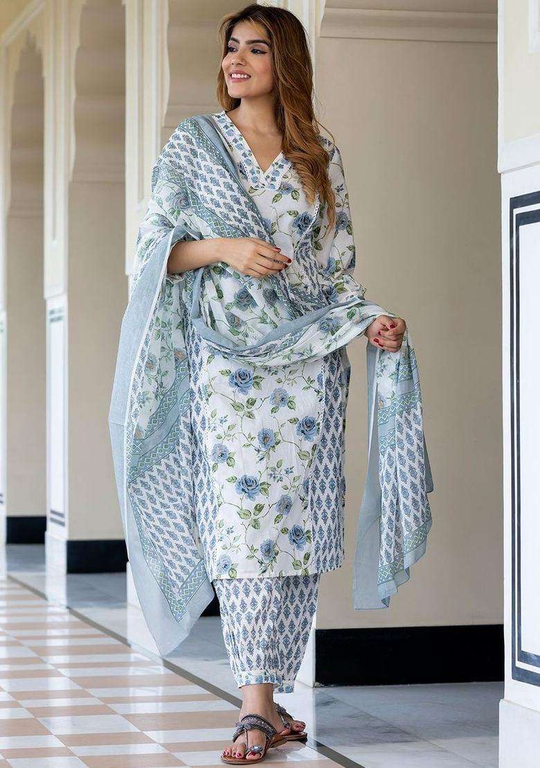 Grey Embroidered Cotton Kurta Set - Indya