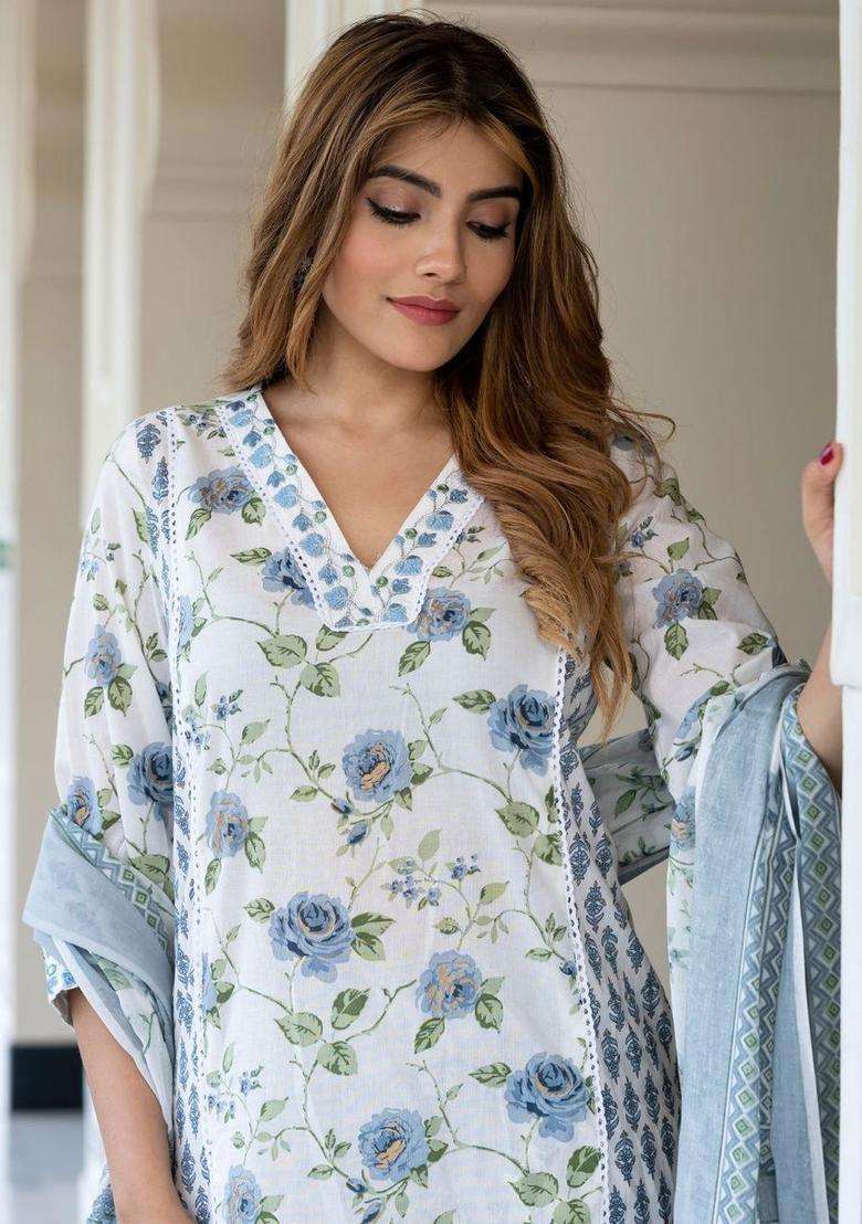Grey Embroidered Cotton Kurta Set - Indya