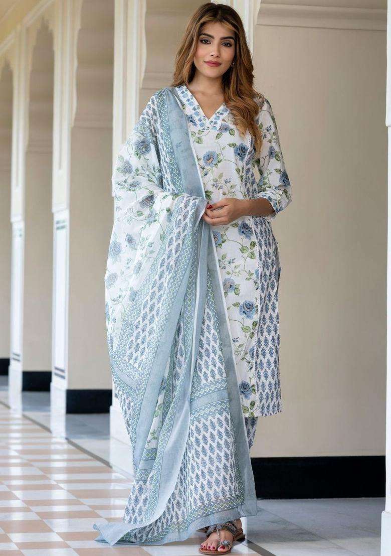 Grey Embroidered Cotton Kurta Set - Indya