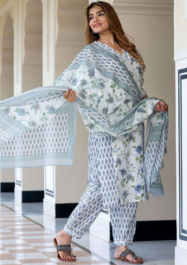 Grey Embroidered Cotton Kurta Set - Indya