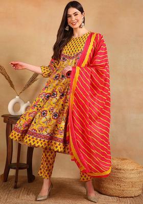 Yellow Printed Cotton Anarkali Set