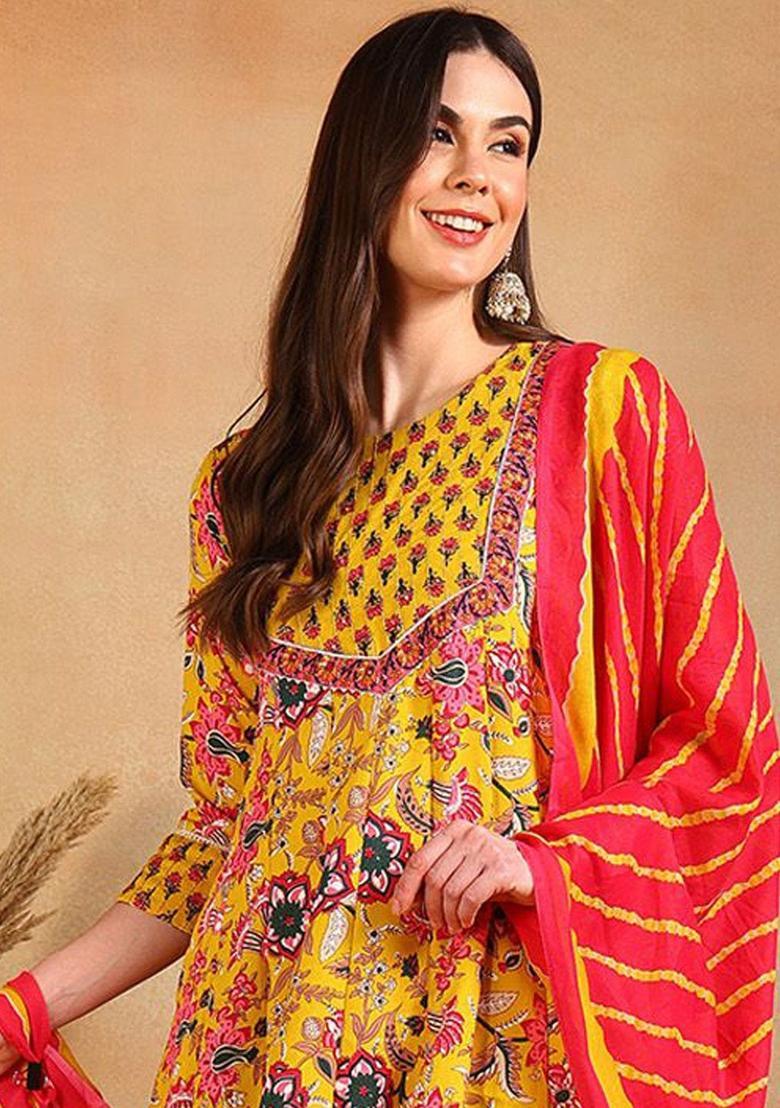 Yellow Printed Cotton Anarkali Set - Indya