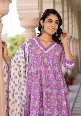 Purple Printed Cotton Kurta Set