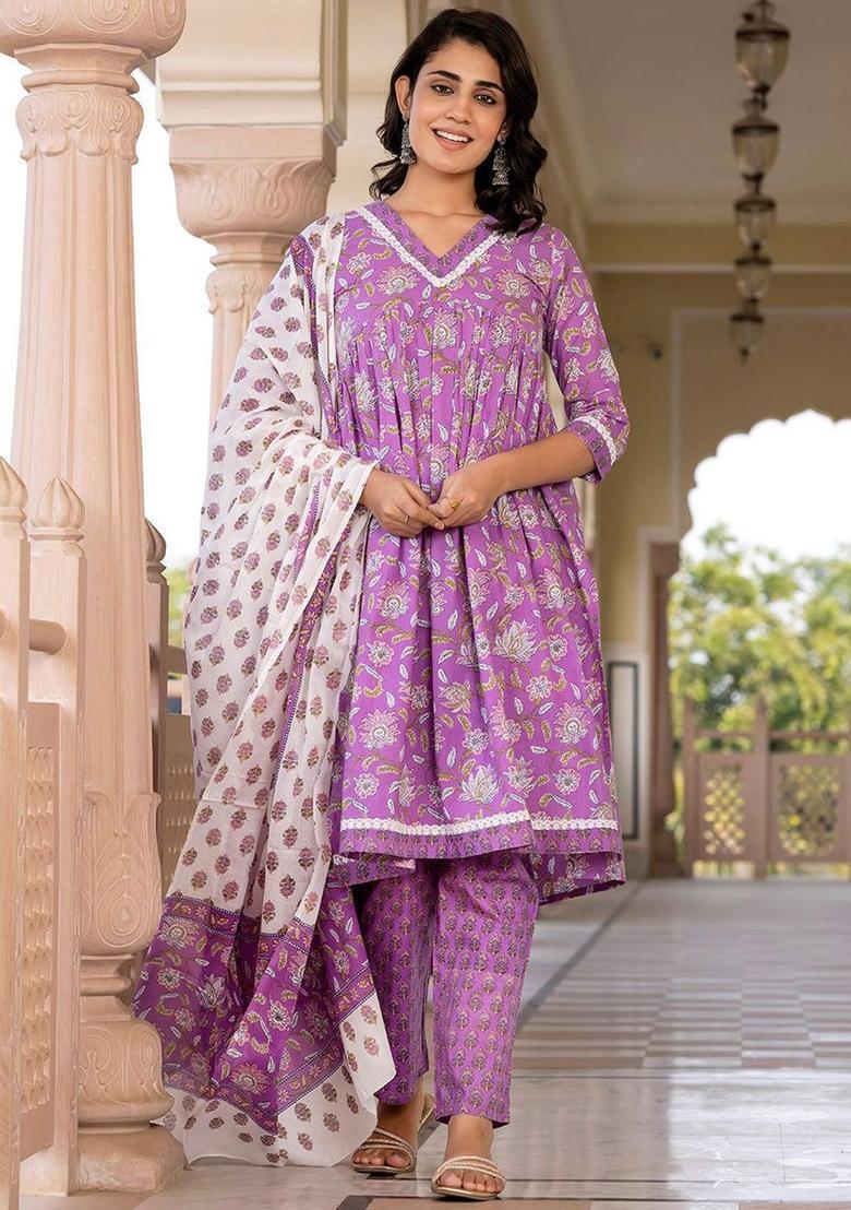 Purple Printed Cotton Kurta Set - Indya
