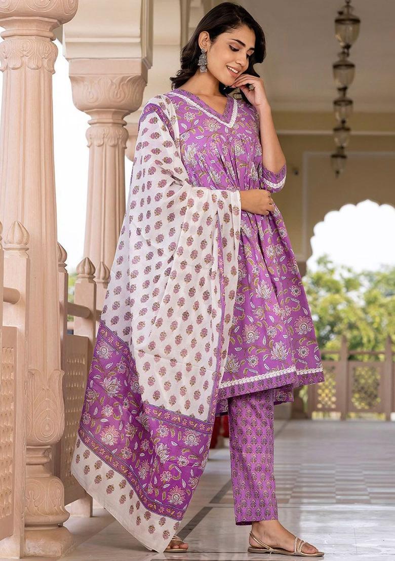 Purple Printed Cotton Kurta Set - Indya